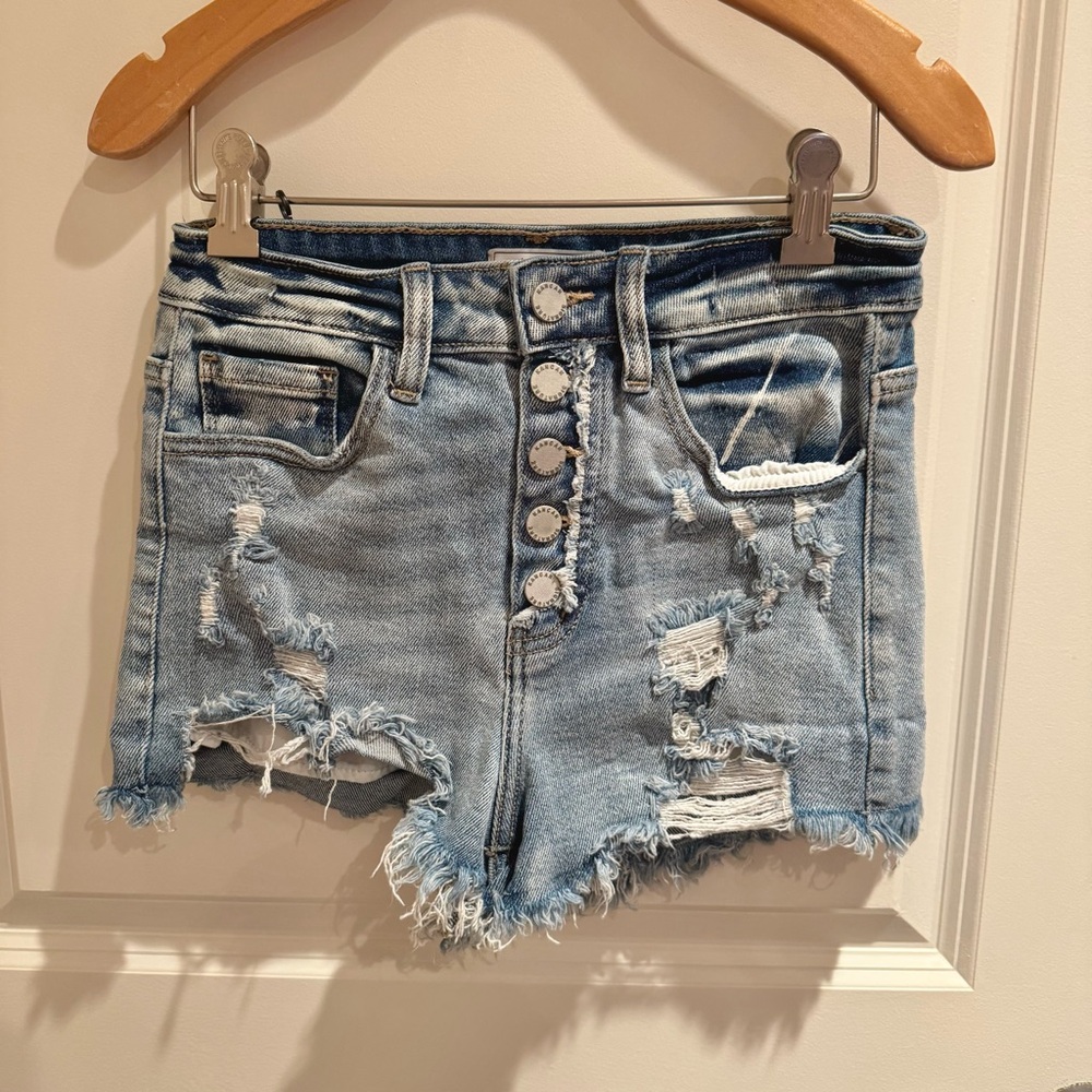 KanCan Light Blue Distressed Button-Fly Denim Shorts